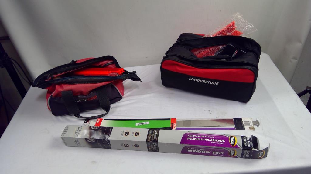 Bridgestone Tire Inflator Kit, Tool Bag With Mixed Tools, Window Tint, Car Lockout Tool