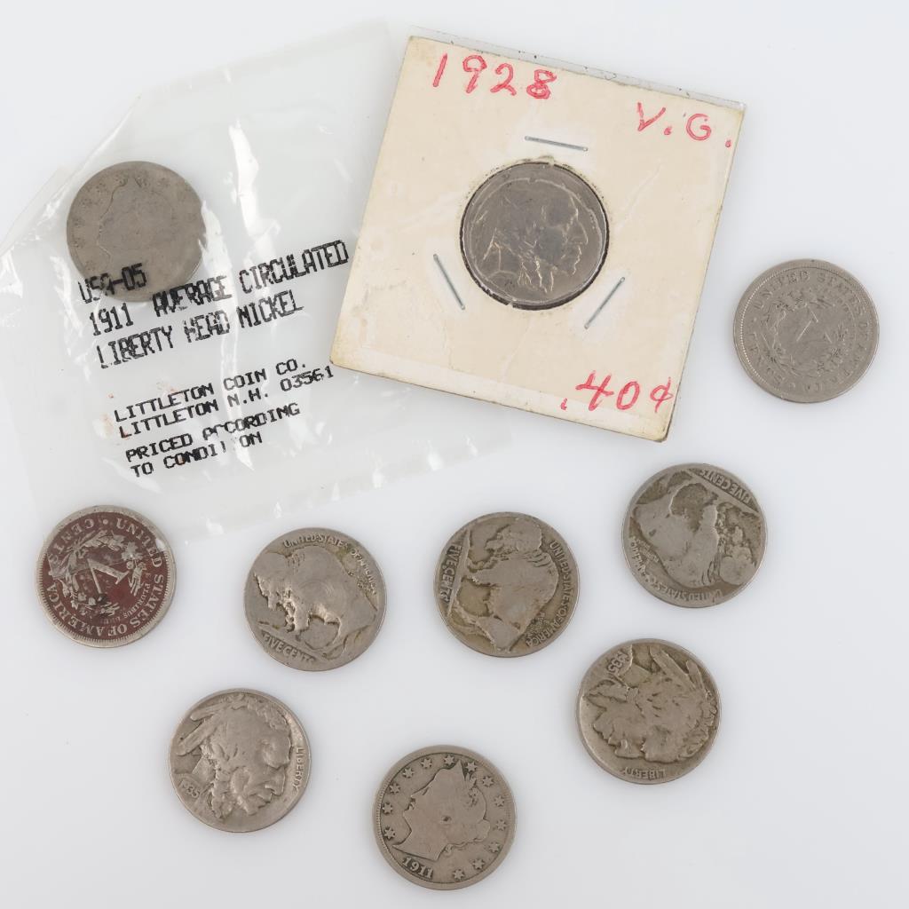 Buffalo And Liberty Head V Nickels, 10 Pieces