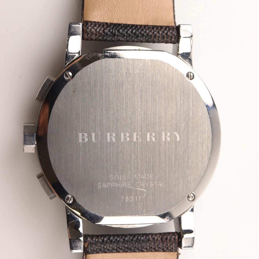 Burberry The City Chronograph White Dial Haymarket Leather Strap Watch For Men - BU9360