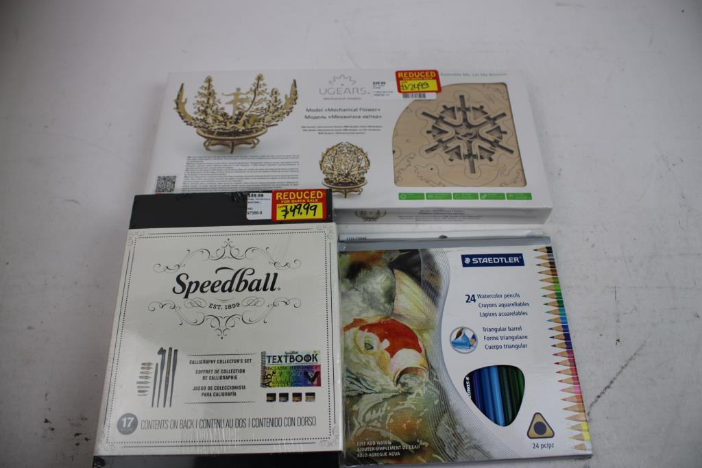 Calligraphy Set, Watercolor Pencils, UGears Mechanical Flower, And More, 6 Pieces