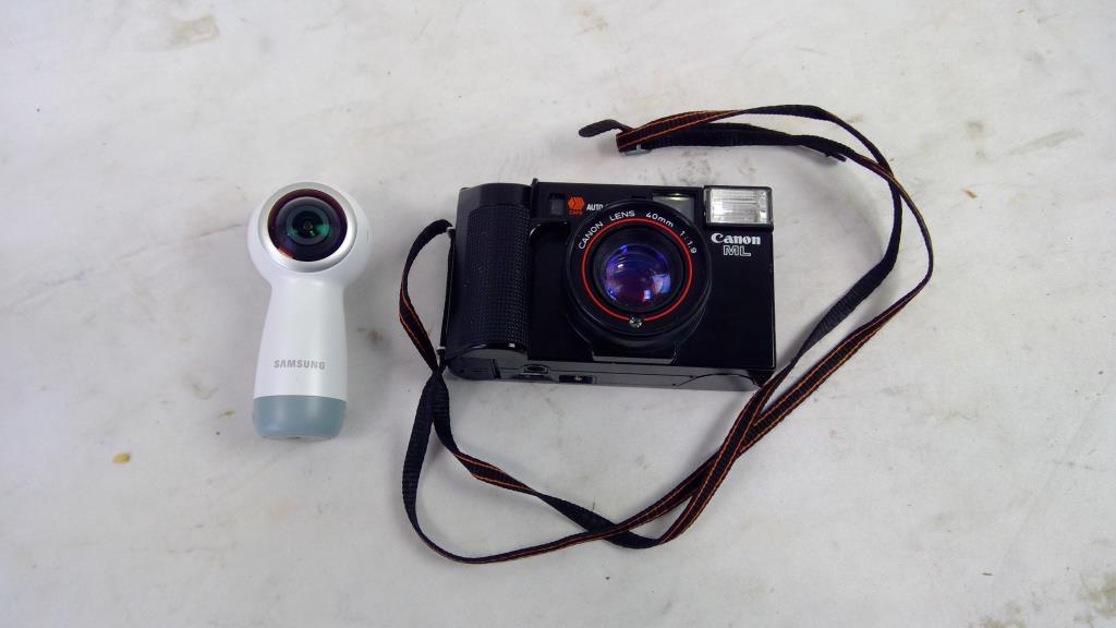 Canon ML Auto Focus 35mm SLR Camera, Samsung 360 Camera