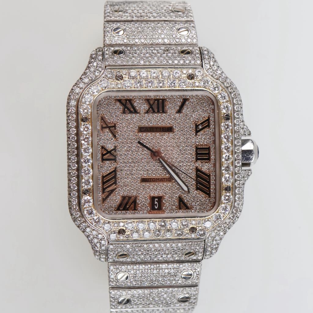 Cartier 13.82cts TW Diamond Santos Watch- Evaluated By Our Certified Gemologist - AGS / GIA