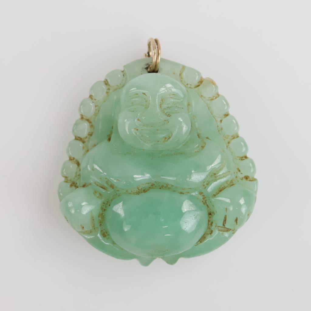 Carved Buddha Jadite Pendant 14kt Jump Ring