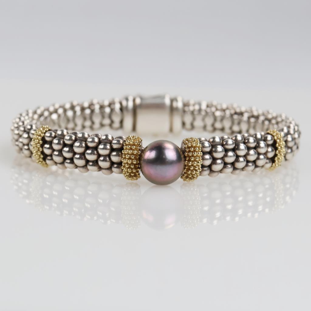 Caviar Lagos Luna Silver & 18kt Gold Black Pearl Bracelet-Evaluated By Certified Gemologist-AGS/GIA