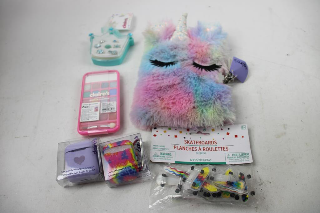 Claire's Makeup Sets, Rings, Mini Skateboards, Airpod Cases, And Unicorn Diary, 10 Pieces