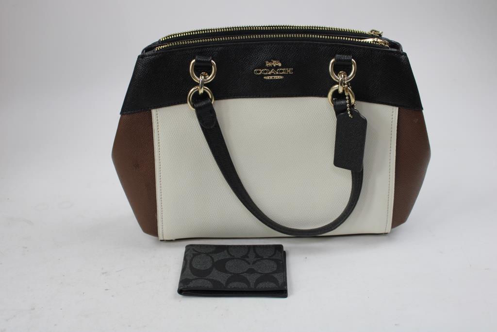 Coach Tricolor Black/White/Brown Leather Handbag With Wallet