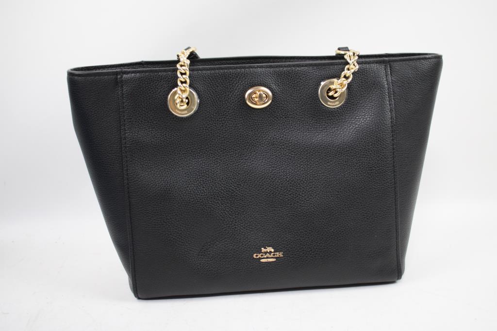 Coach Turnlock Black Leahter Gold Chain Shoulder Tote Bag