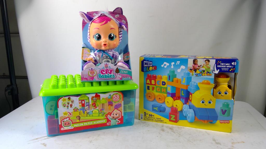 Cocomelon 53pc Block Set, Mega Bloks Abc Musical Train, Cry Babies Zena Doll