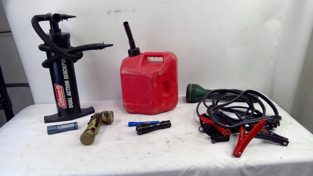 Coleman Dual Action Quickpump, Gas Canister, Jumper Cables, Flashlights, 9 Pieces