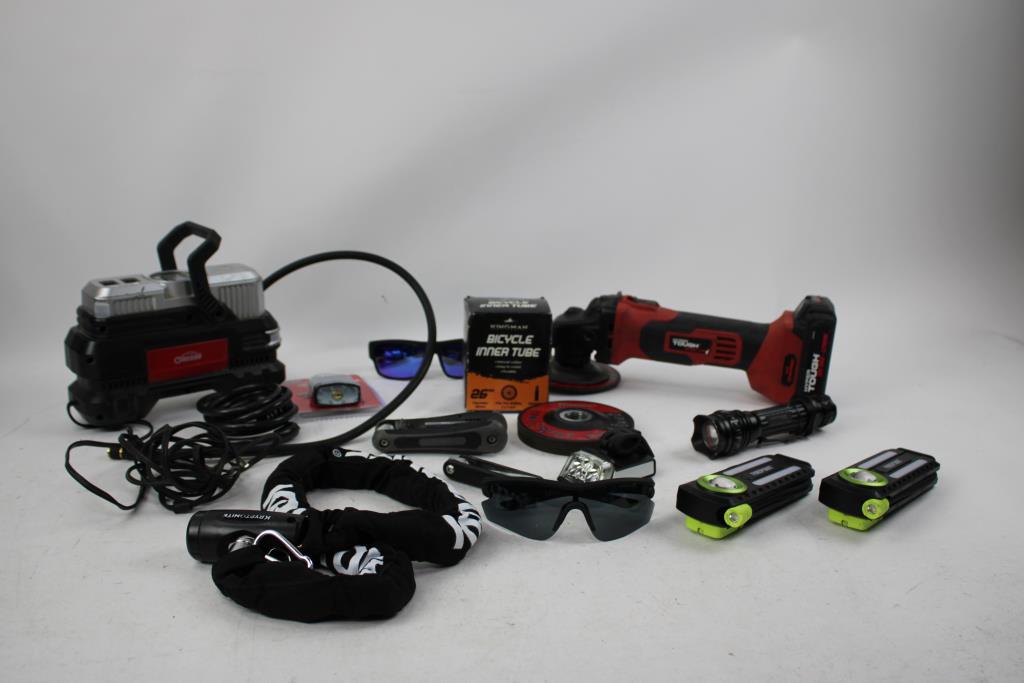 Cordless Angle Grinder, Portable Tire Inflator, Work Lights, And More