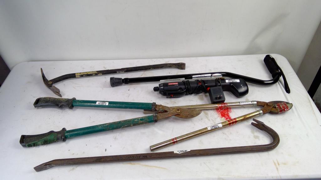 Craftsman Cordless Screwdriver, Pry Bars, Walking Cane, And More, 6 Pieces