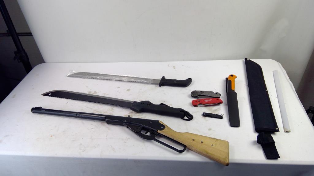 Daisy Bb Rifle, Machete, Misc Knives, 6 Pieces