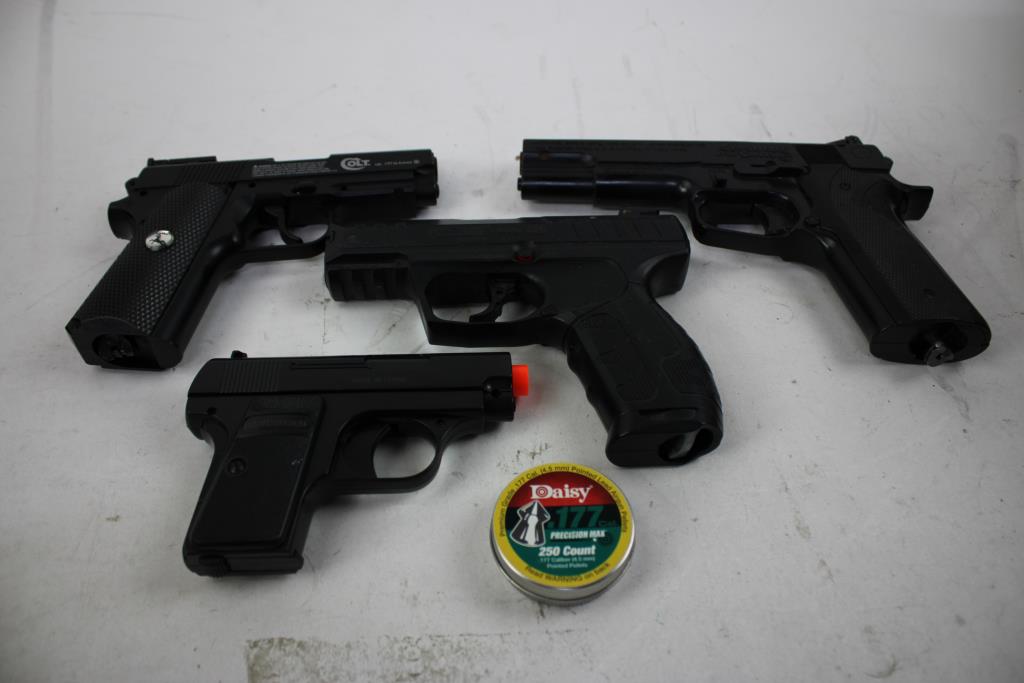 Daisy, Umarex, Crosman, And More Air Pistols Bulk Lot, 4 Pieces With .177 Pellets Tin