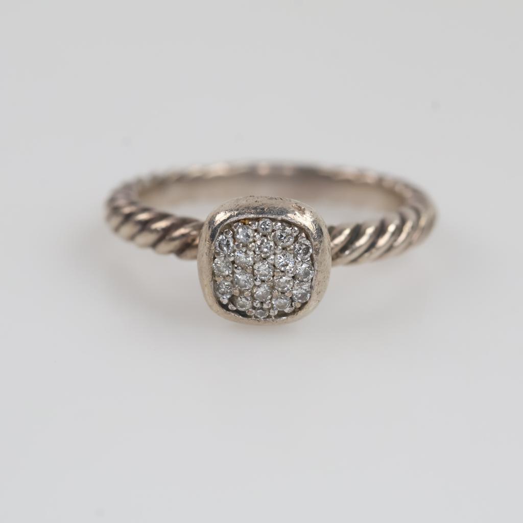 David Yurman Silver Cable Square Pave Diamond Stack Ring