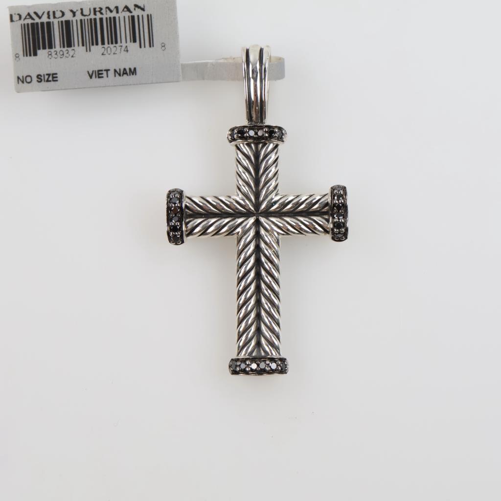 David Yurman Silver Chevron Black Diamond Cross Pendant