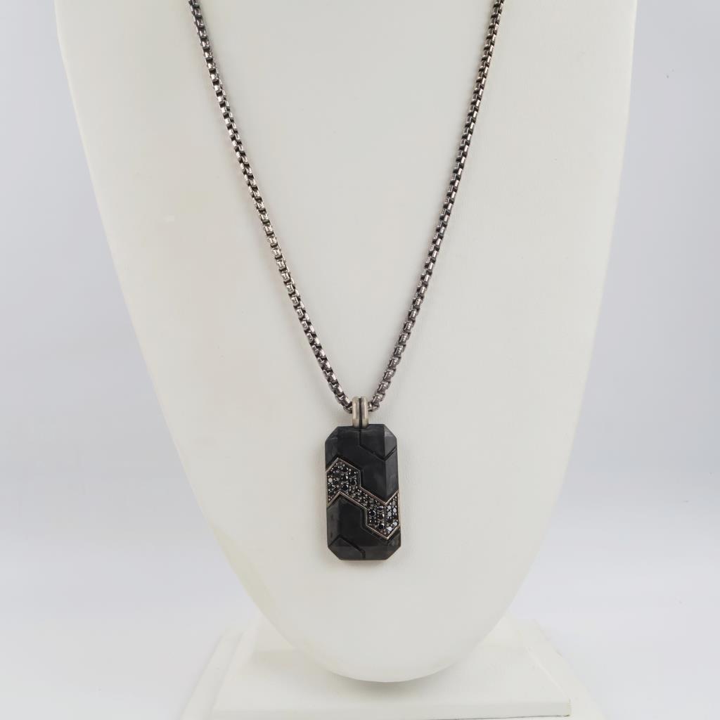 David Yurman Sterling Silver Carbon And Diamond DogTag And Box Chain Necklace