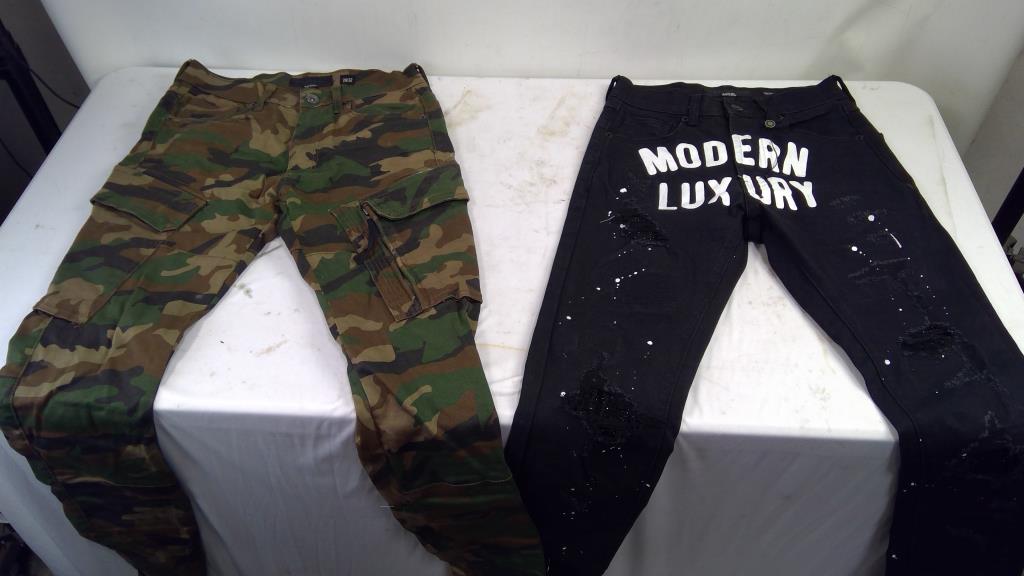 Decibel Camo Skinny Jeans, 'Modern Luxury' Paint Splatter Skinny Jeans, 28x32, 2 Pieces
