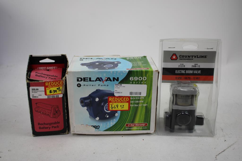 Delavan Roller Pump, Battery Engine Starter, Electric Boom Valve, And More, 5 Pieces