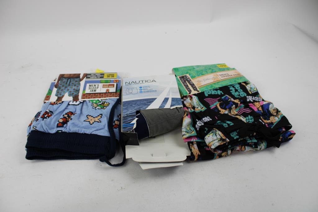 Denim 38x34 Jeans, Large Mario Bros, Golden Girls Pajama Pants, And More, 5 Pieces