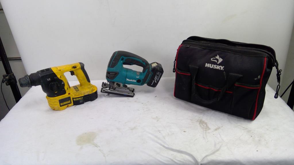 Dewalt 18V SDS Hammer, And Makita Jigsaw, With Husky Tool Bag, 3 Pieces
