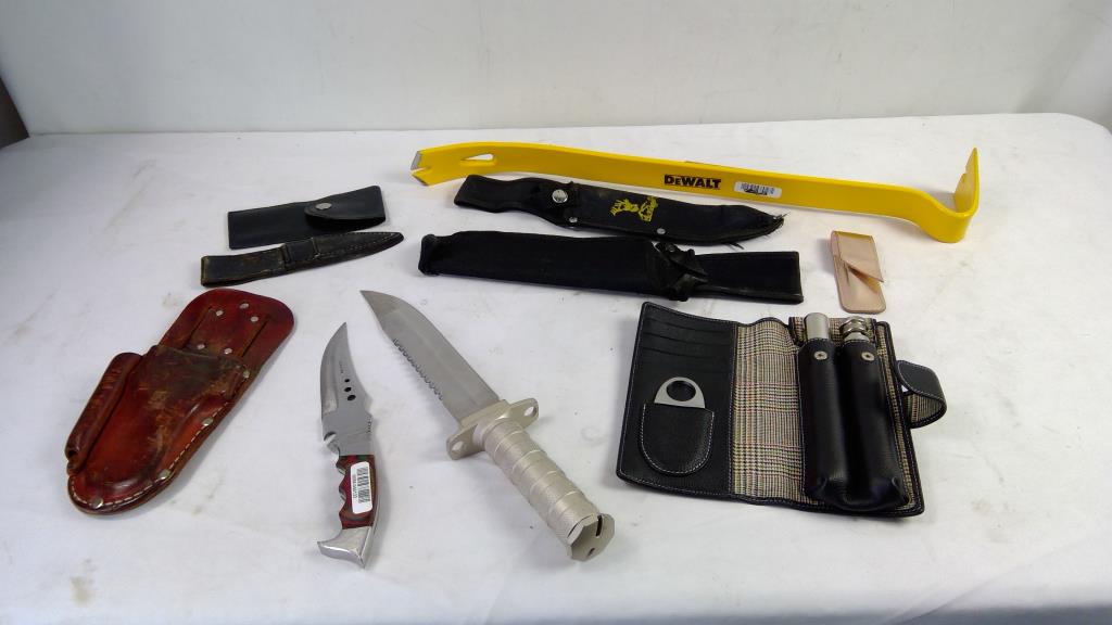 Dewalt Crowbar, Tube Flasks, Knives And Knife Sheaths, 9 Pieces