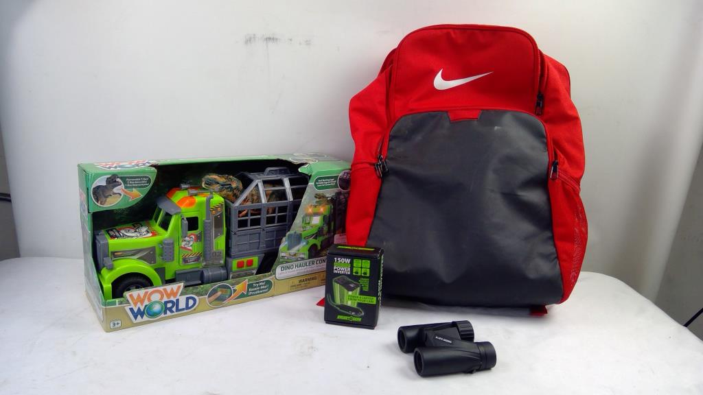 Dino Truck Toy, Nike Red Backpack, Car Power Inverter, Binoculars