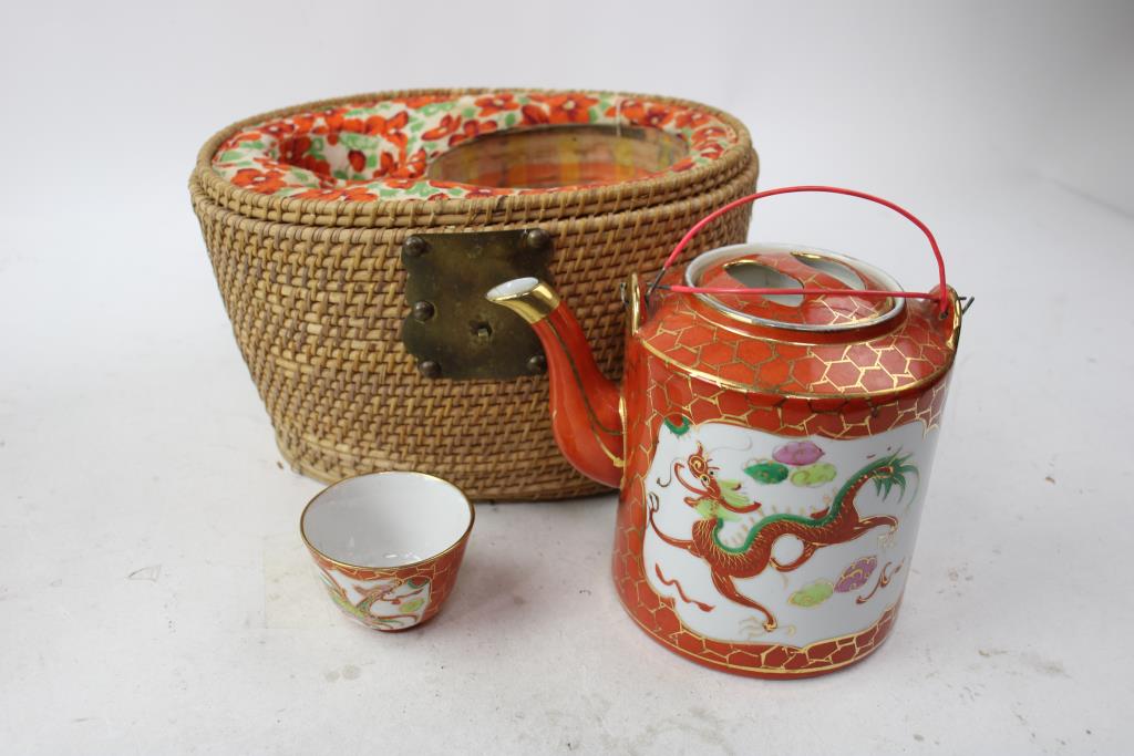Dragon Tea Pot In Basket, Tree/Bird/Flower Teapot With Teacups Set