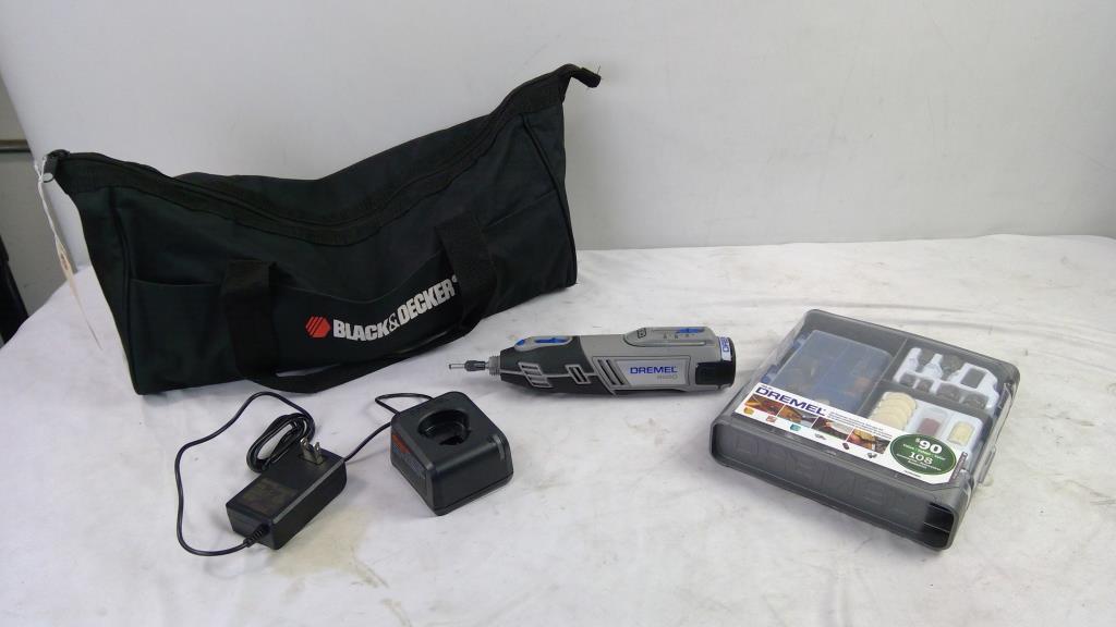 Dremel 8220 Rotary Tool, Dremel Accessory Storage Kit, And Black & Decker Bag
