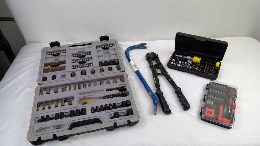 Drill Bit Set, Ratchet Screwdriver Set, Wrecking Bar, And More