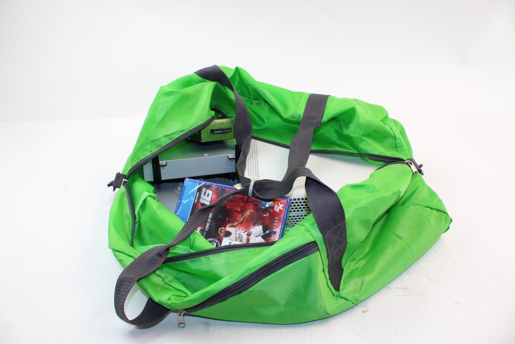 Duffle Bag, Xbox 360 Gaming Console, Disk Drives, PS4 Game, Car Adapter