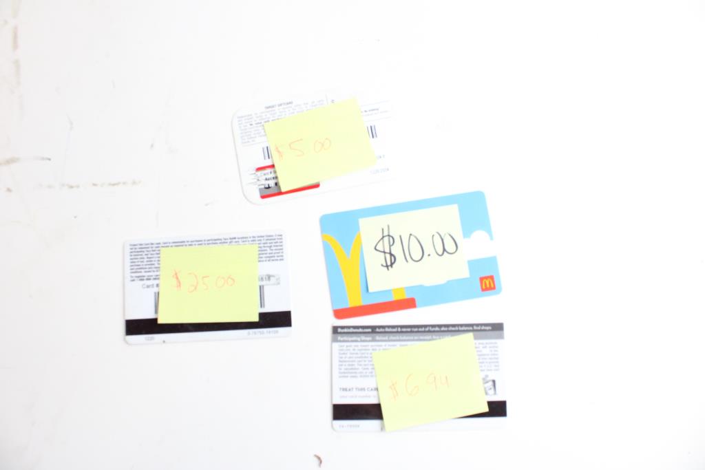 Dunkin, Taco Bell, Target & McDonalds Gift Cards, 4 Pieces Property Room