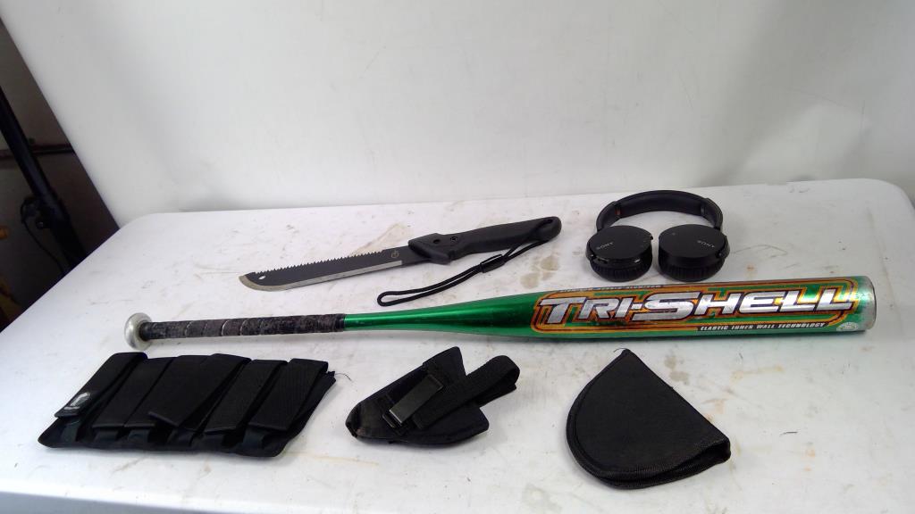 Easton Baseball Bat, Headphones, Machete, Gun Holsters, Magazine Pouch, 6 Pieces