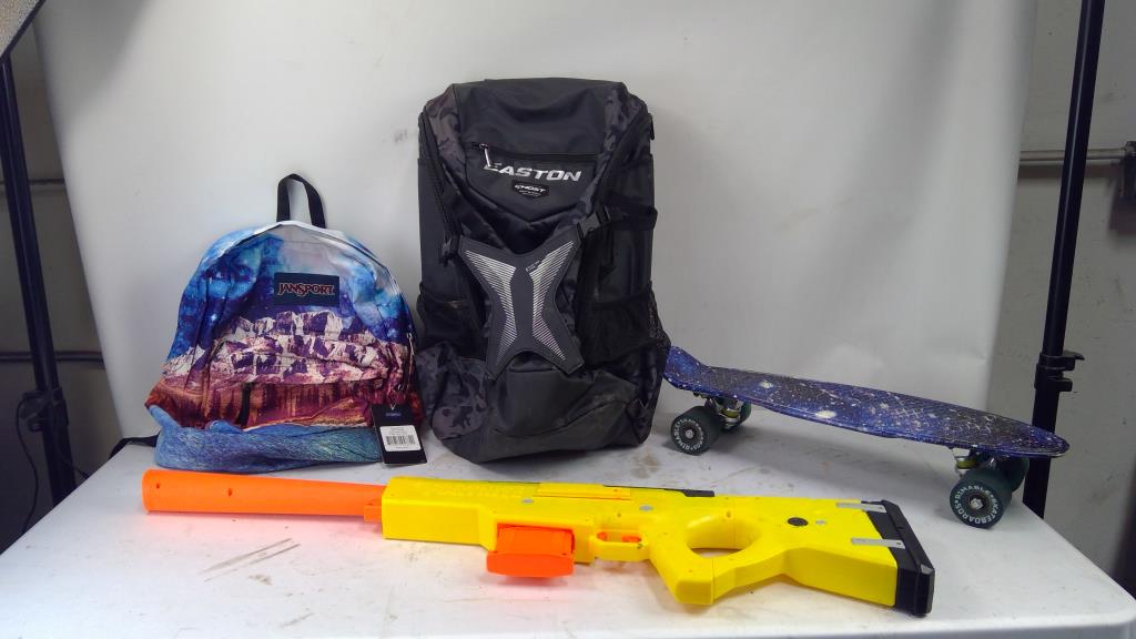 Easton, JanSport Backpacks, Rimable 22" Skateboard, And Nerf Fortnite Gun, 4 Pieces