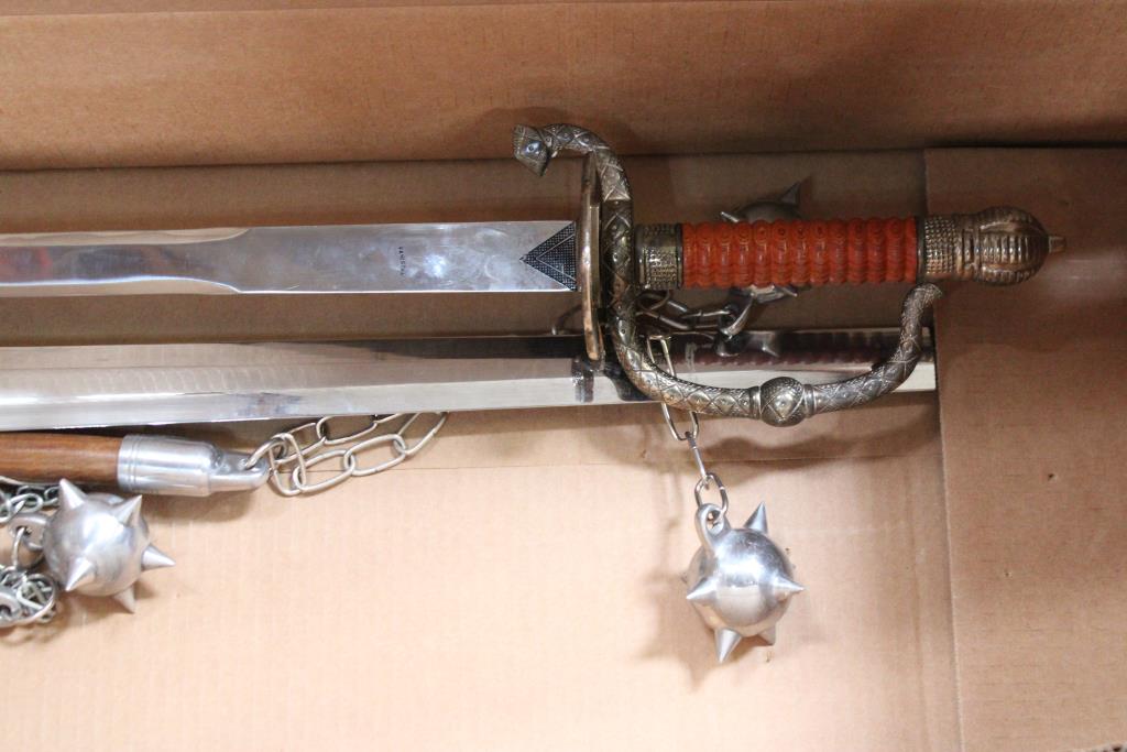 Excalibur King Arthur Sword, Smallsword, And Pair Of Medieval Flails, 4 Pieces