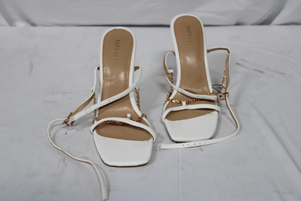 Express Chain Strap High Heel Sandals, White, Size 8