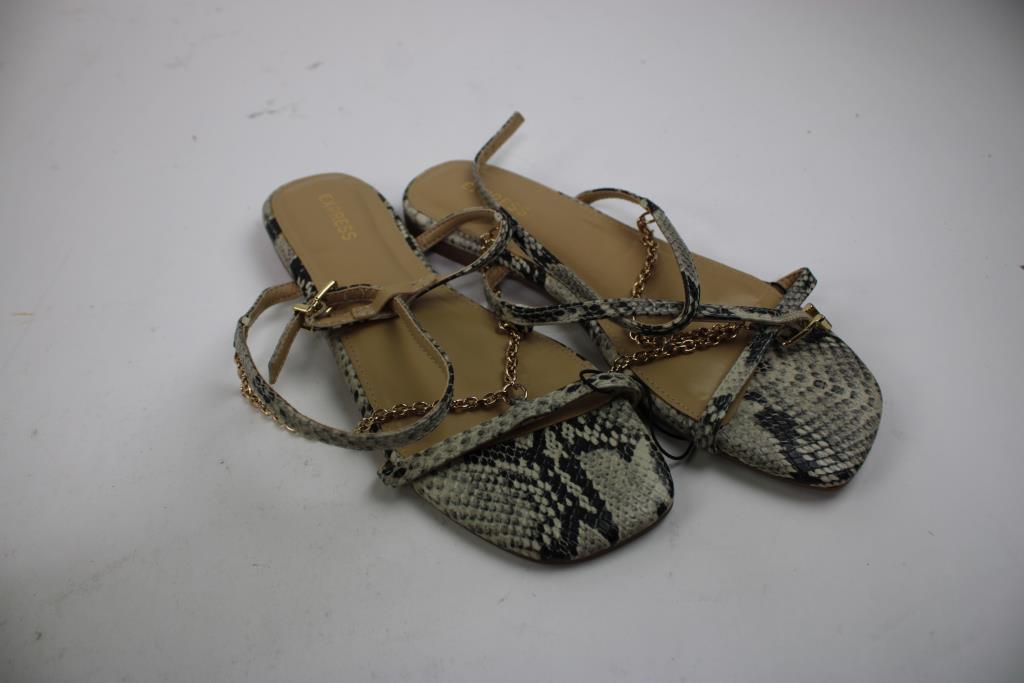 Express Flat Strappy Crocodile-Print Black/White Sandals, Women's Size 6