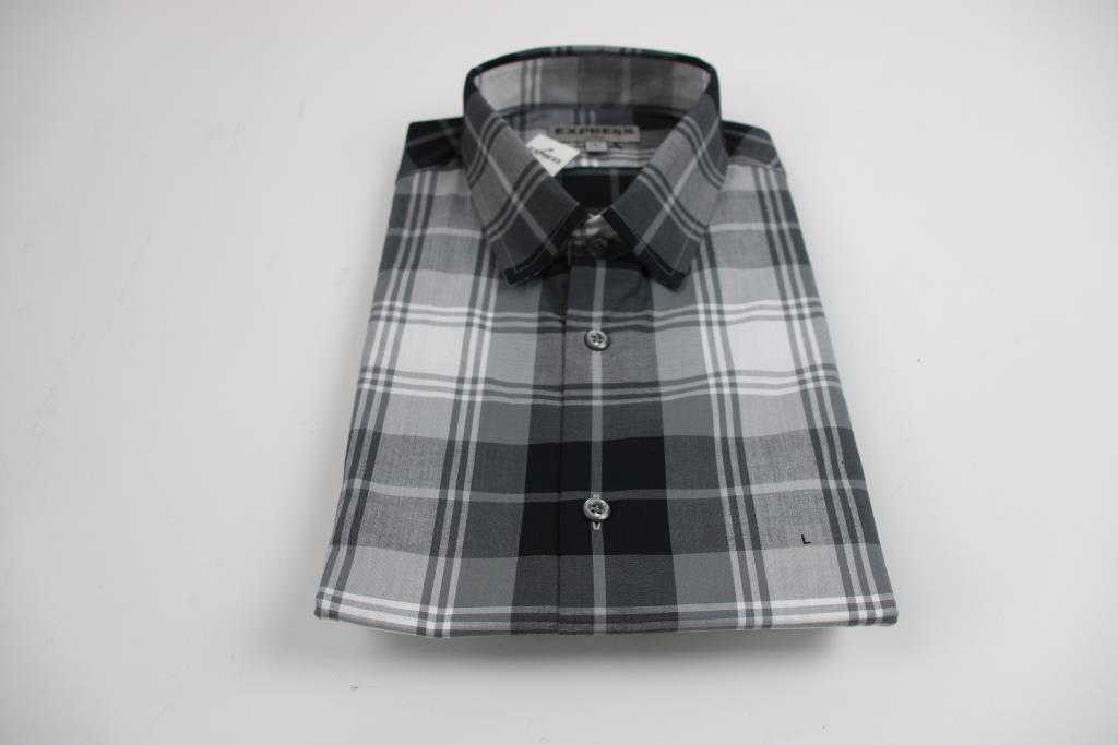 Express V-Neck Shirts, And Fitted Plaid Grey/White/Black Button-Up, Large, 3 Pieces