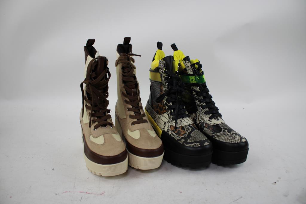 Fashion Nova Snakeskin Neon Yellow Boots, Brown/Beige Boots, Sizes 8, 8M, 2 Pieces