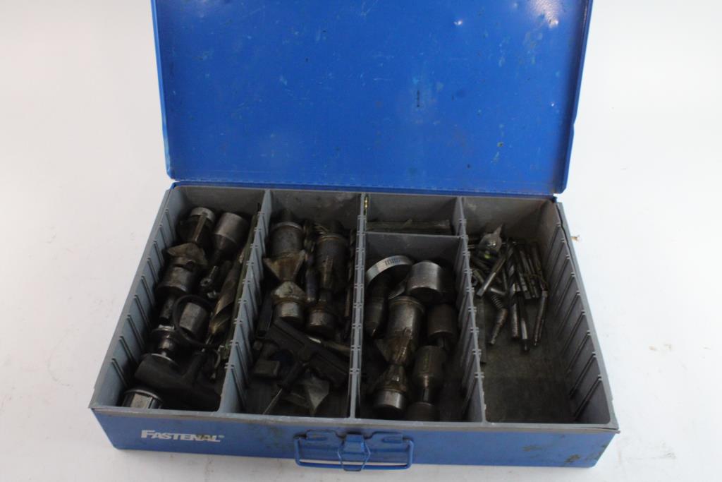 Fastenal Metal Box With Assorted Hardware & Equipment, 10+ Pieces