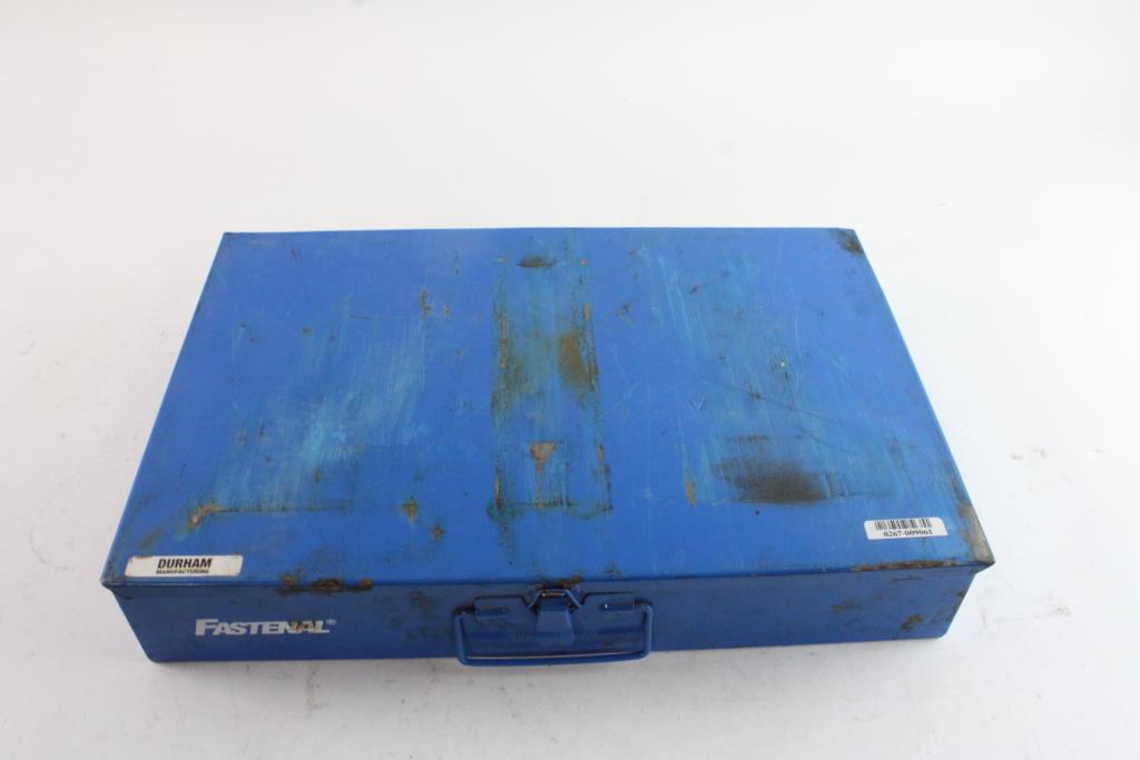 Fastenal Metal Box With Assorted Hardware & Equipment, 10+ Pieces