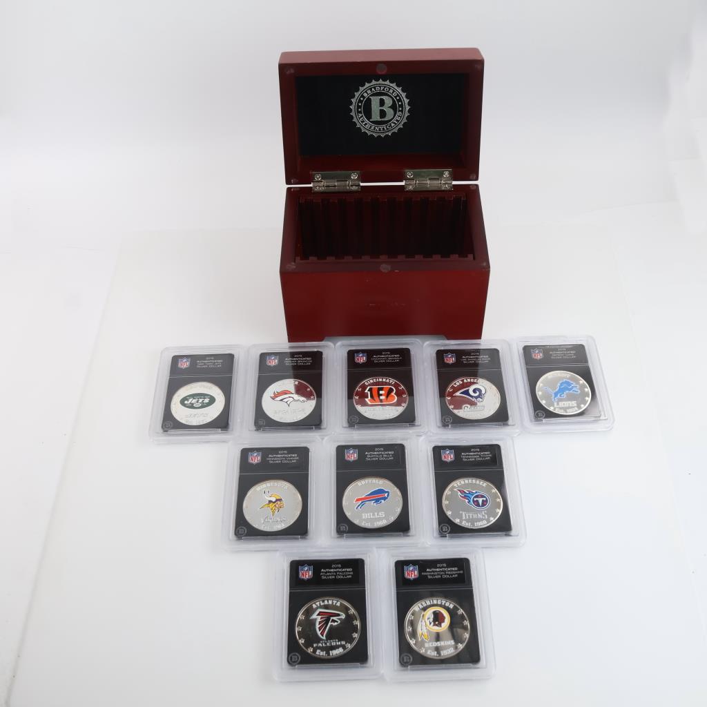 Fiji One Dollar Proof Silver Plated NFL Bradford Collector Box, 10 Tokens