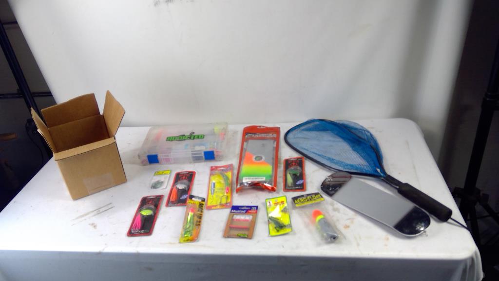 Fishing Supplies Including Wicked Fish Lures, Net, And Shortbus Flashers