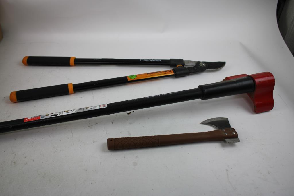 Fiskars 28" Bypass Lopper, Camillus Hatchet, And Truper Splitter Axe, 3 Pieces