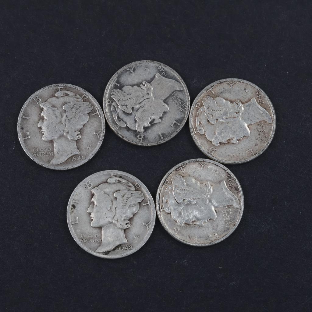Five US Mercury Silver Dimes