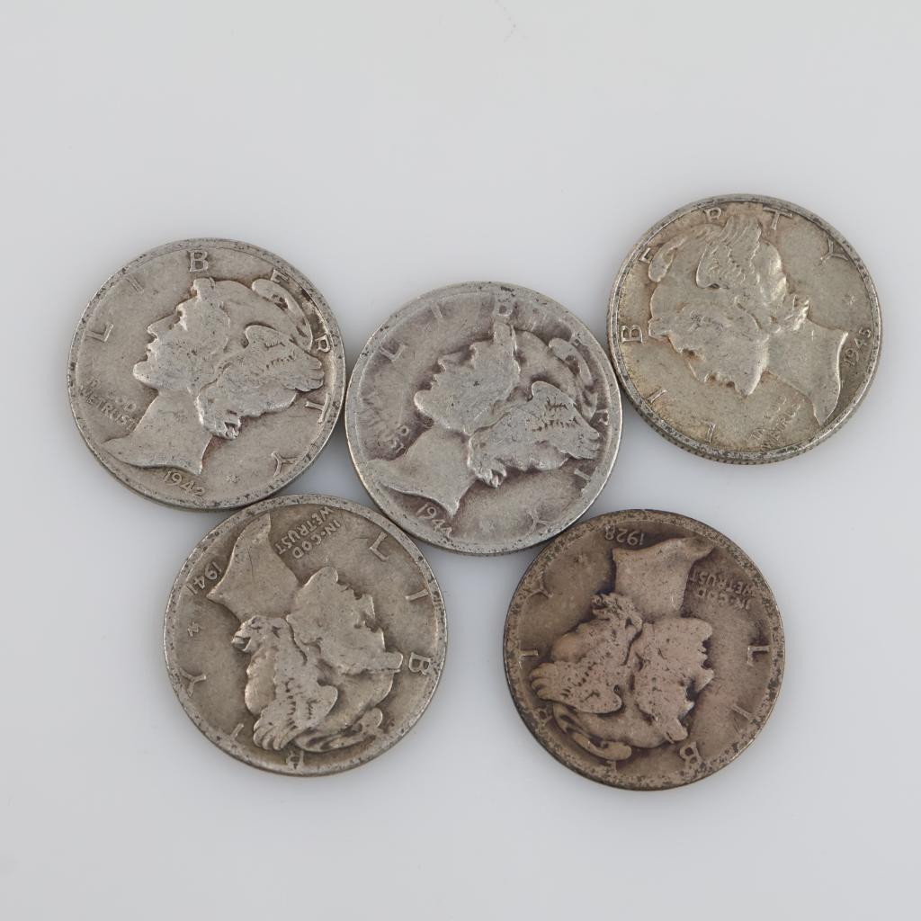 Five US Mercury Silver Dimes