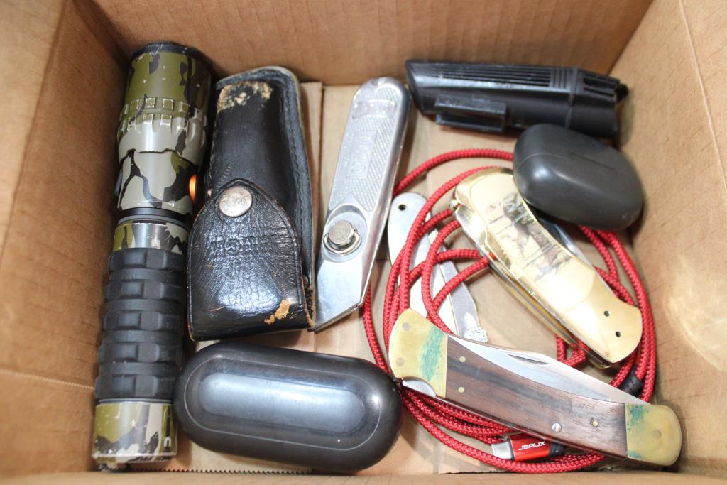 Flashlights, Earbuds, Folding Knives, And USB-A To USB-C Cable, 9 Pieces