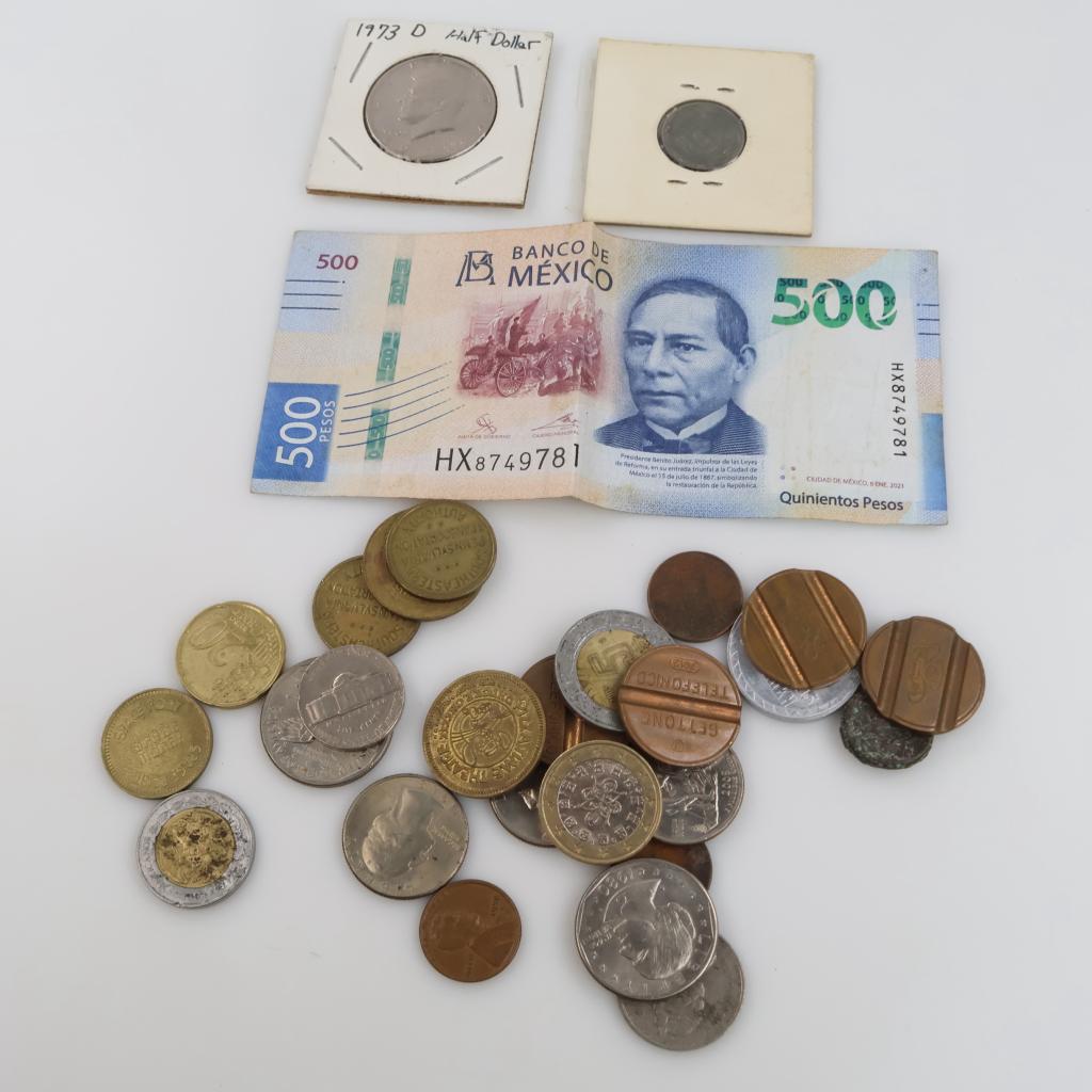 Foreign And U.S. Currency With Tokens, 20+ Pieces