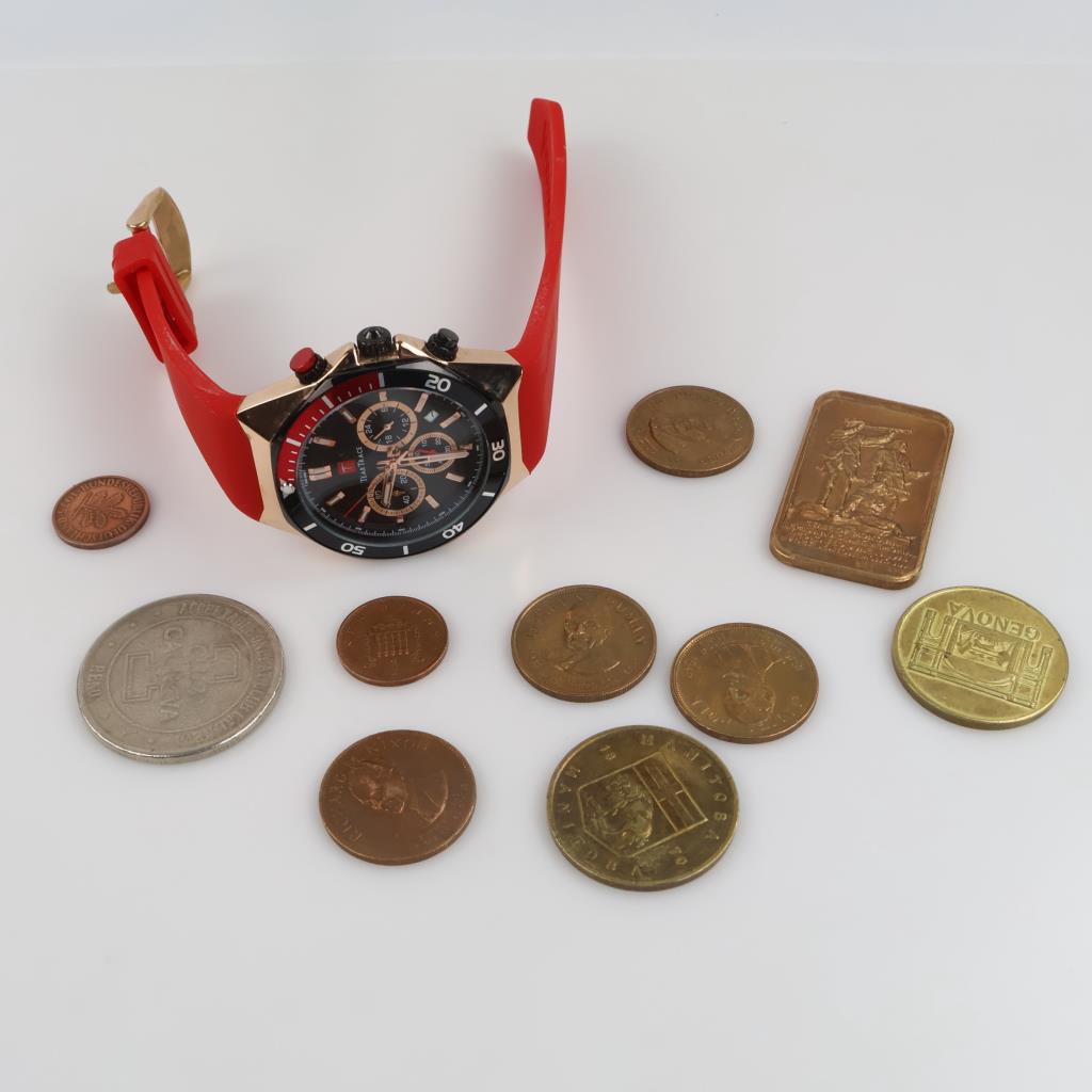 Foreign Currency, Tokens And Watch, 11 Pieces