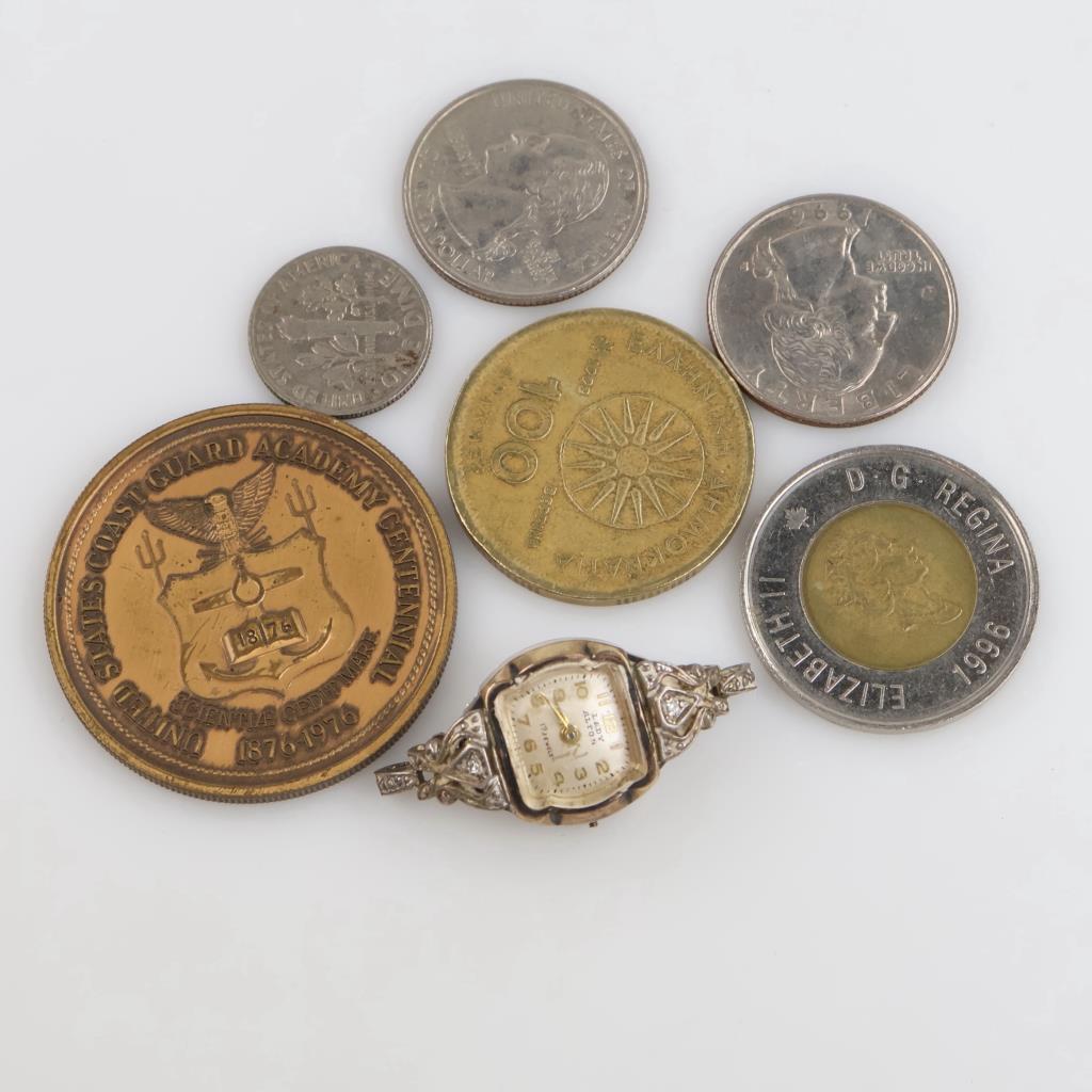 Foreign, US Currency Token And Silver Tip Lady Alton Watch