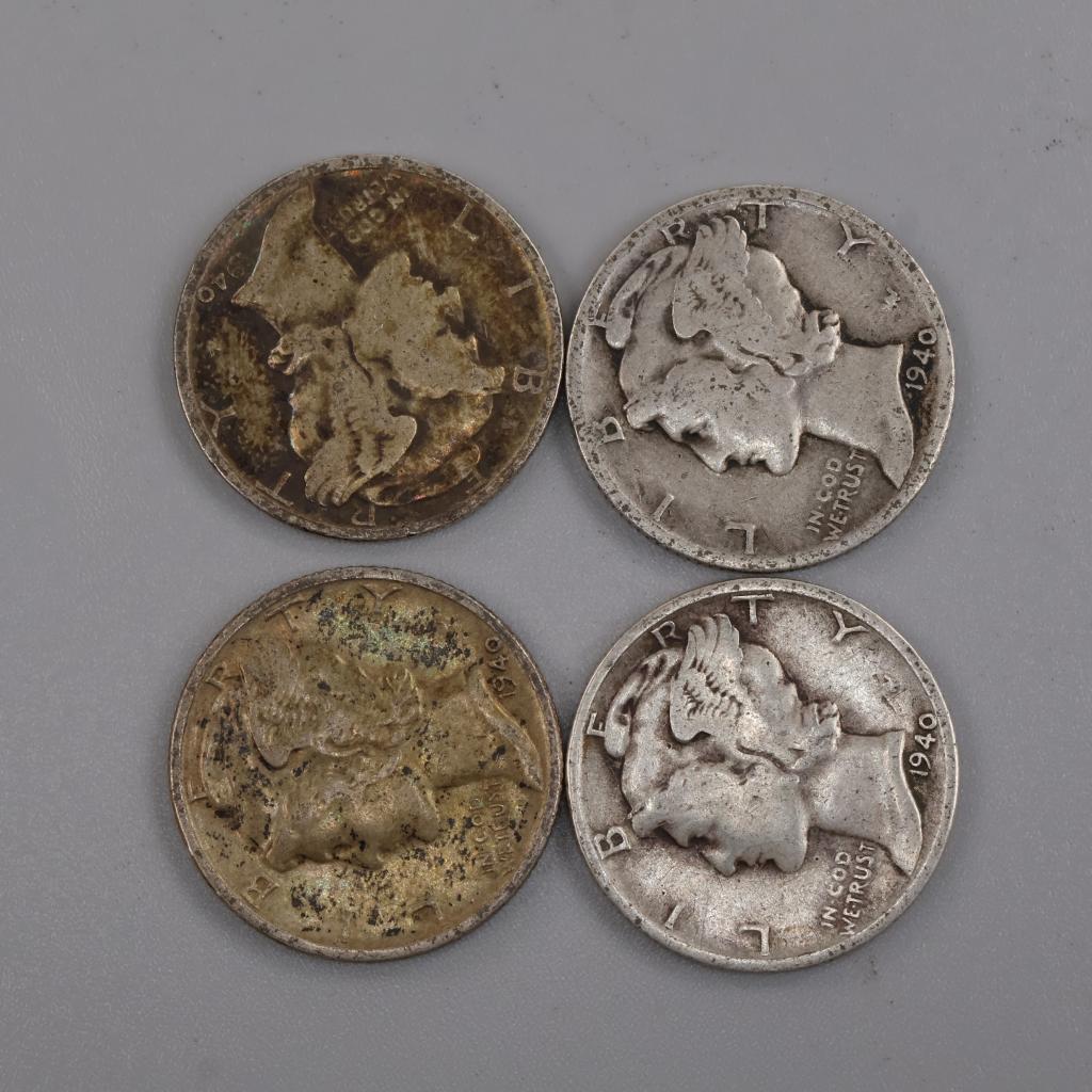 Four 1940 US Mercury Silver Dimes